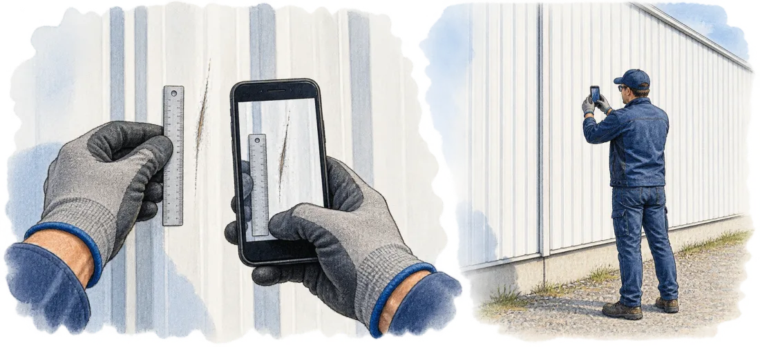 Gezeichnete Anleitung: Nahaufnahme eines Kratzers mit Maßstab und Foto des gesamten Paneels aus der Distanz